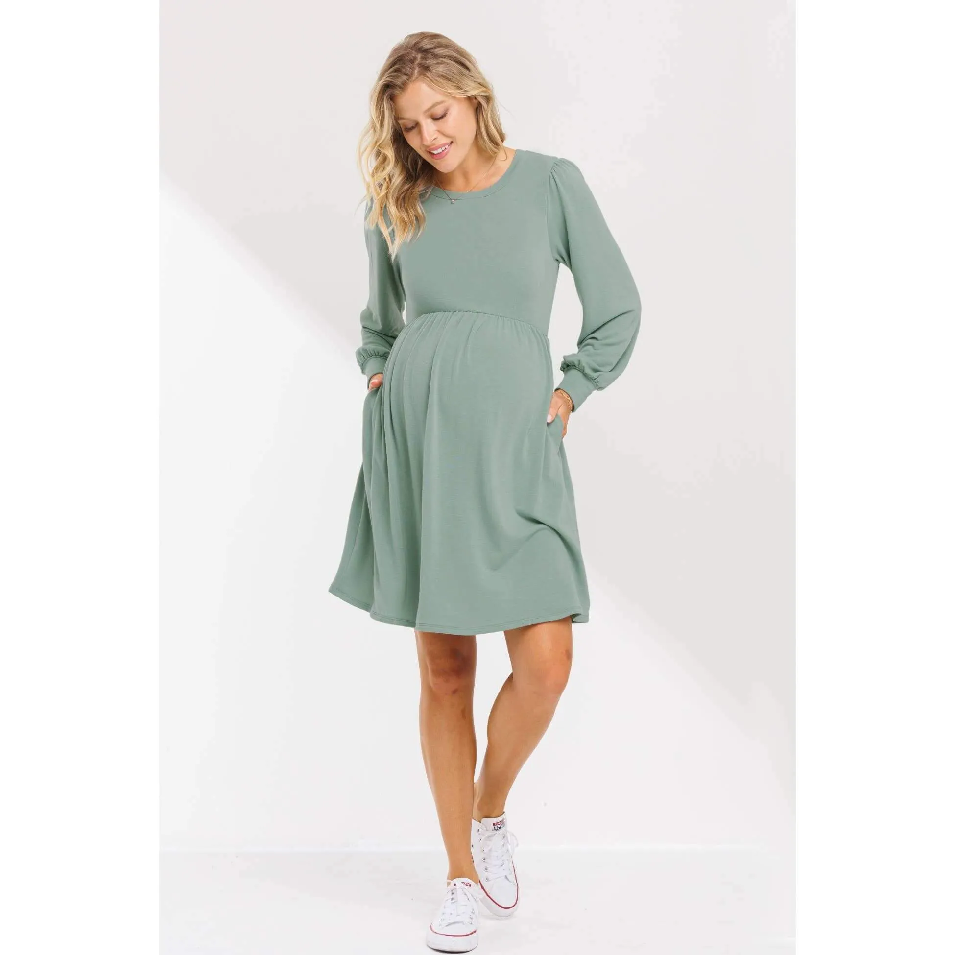 Round Neck Maternity Skater Dress with Pockets