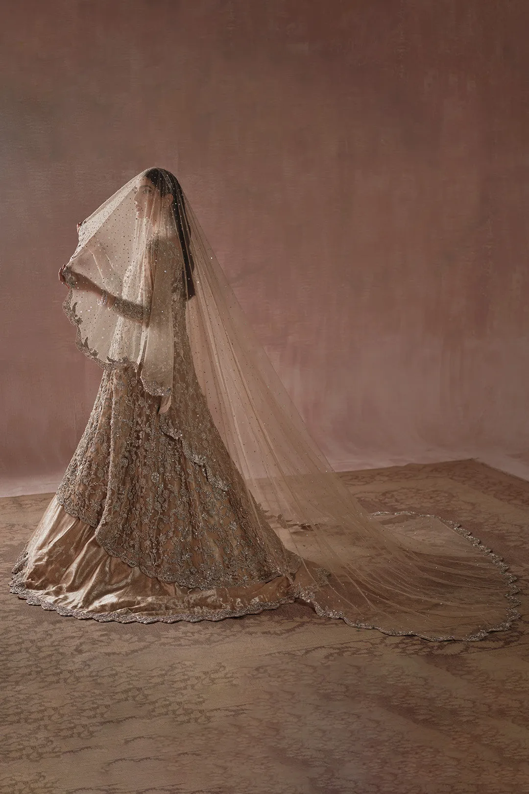 Royal Champagne Gold Pakistani Bridal Dress Heavily Embellished Gown