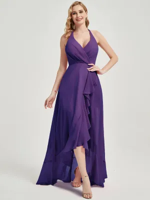 Royal Purple V-Neck Backless High Low Chiffon Maxi Bridesmaid Dress
