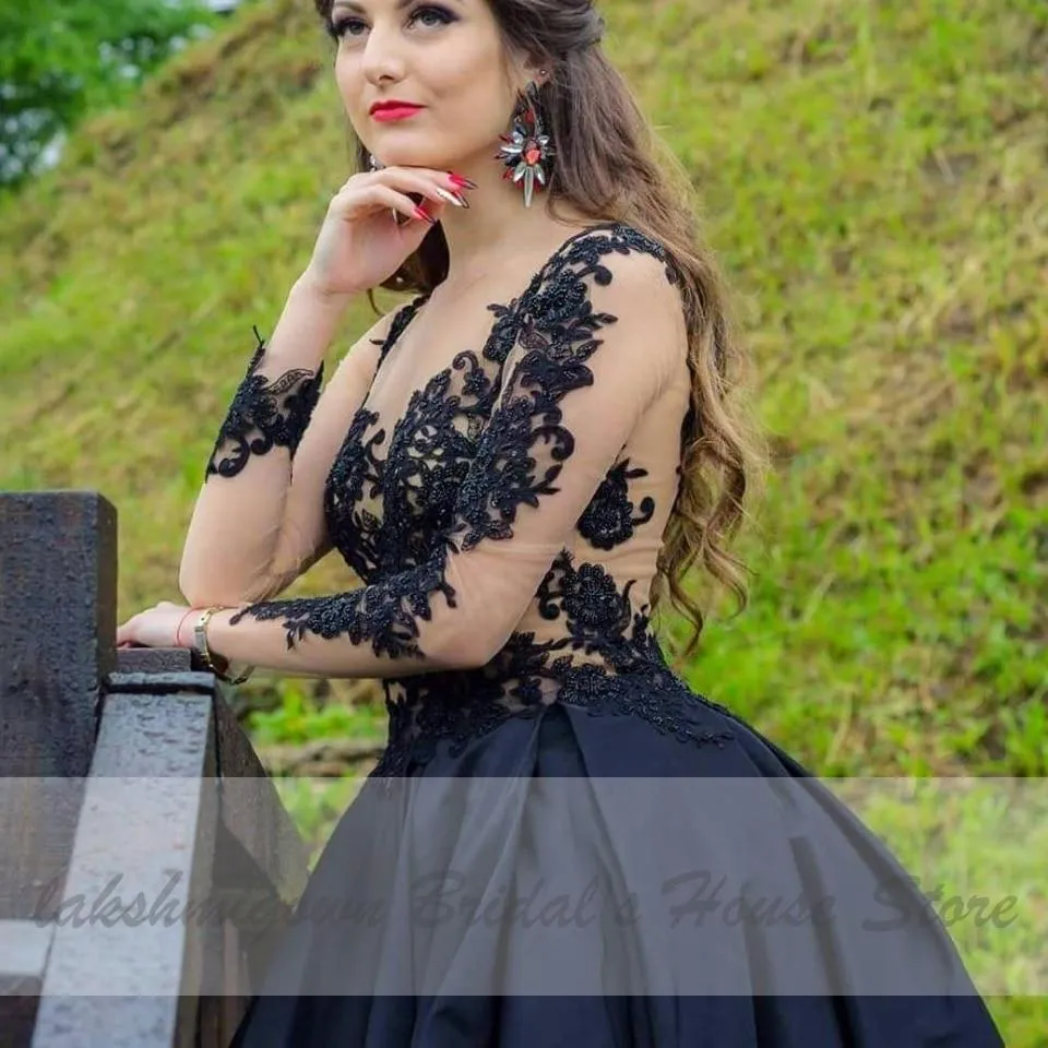 Roycebridal Gothic Black Wedding Dress Short Front Back Long Sleeve Sexy