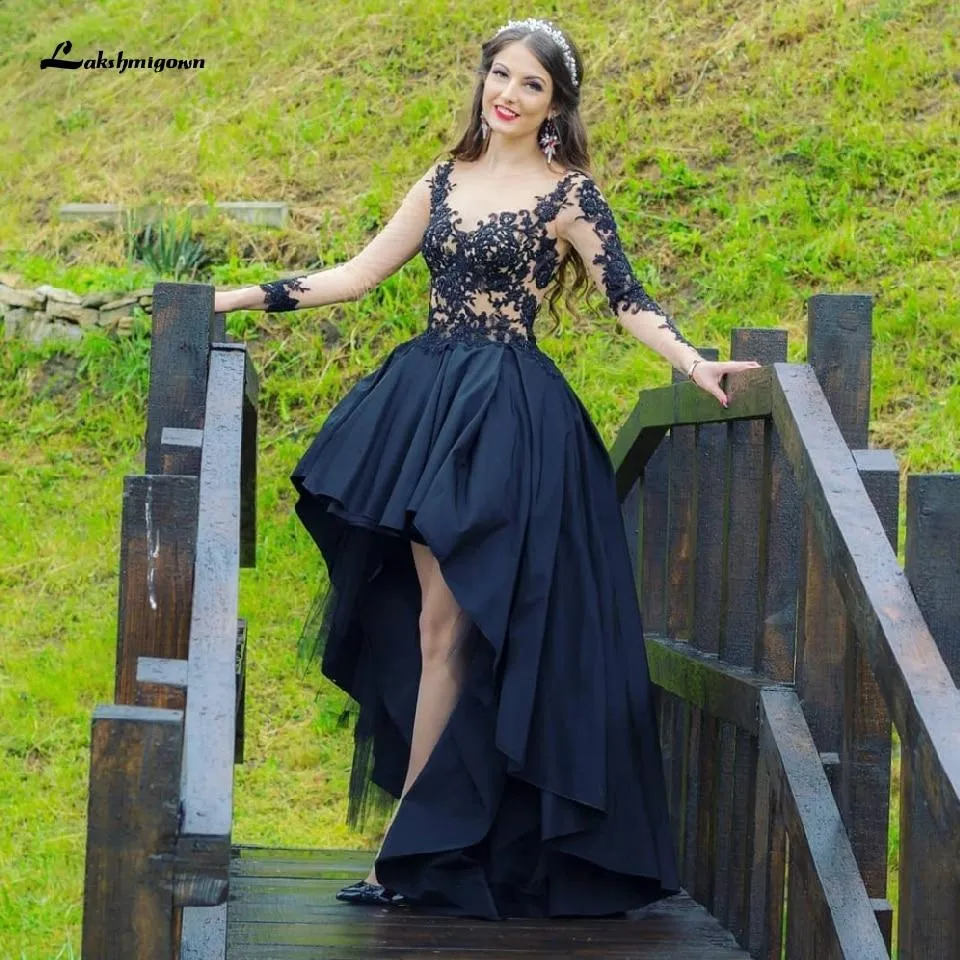 Roycebridal Gothic Black Wedding Dress Short Front Back Long Sleeve Sexy