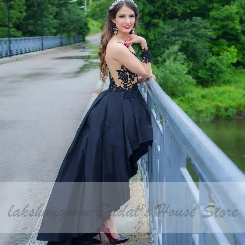 Roycebridal Gothic Black Wedding Dress Short Front Back Long Sleeve Sexy