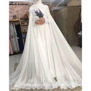 Roycebridal Lace Chiffon Wedding Dress Scoop Neck Sweep Train Long Sleeve