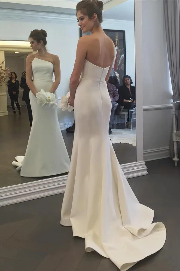 Roycebridal Simple Mermaid Ivory Strapless Wedding Dresses With Train, Wedding Gown, MW781