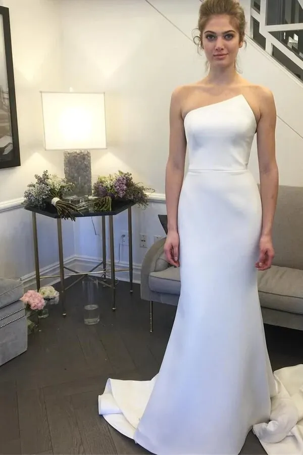 Roycebridal Simple Mermaid Ivory Strapless Wedding Dresses With Train, Wedding Gown, MW781