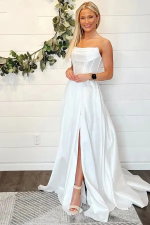 Satin A-line Strapless Simple Wedding Dresses With Slit, Bridal Gown, MW1022