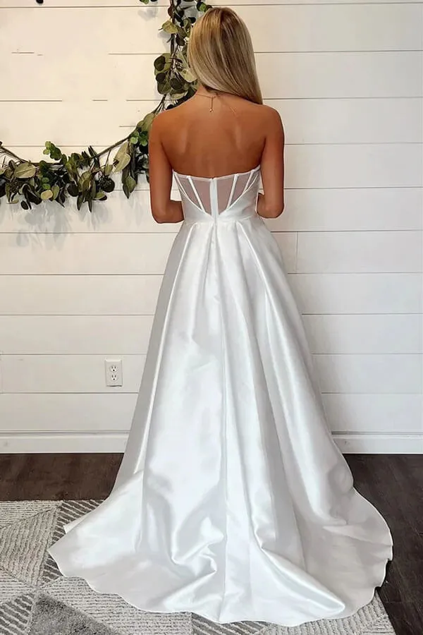 Satin A-line Strapless Simple Wedding Dresses With Slit, Bridal Gown, MW1022