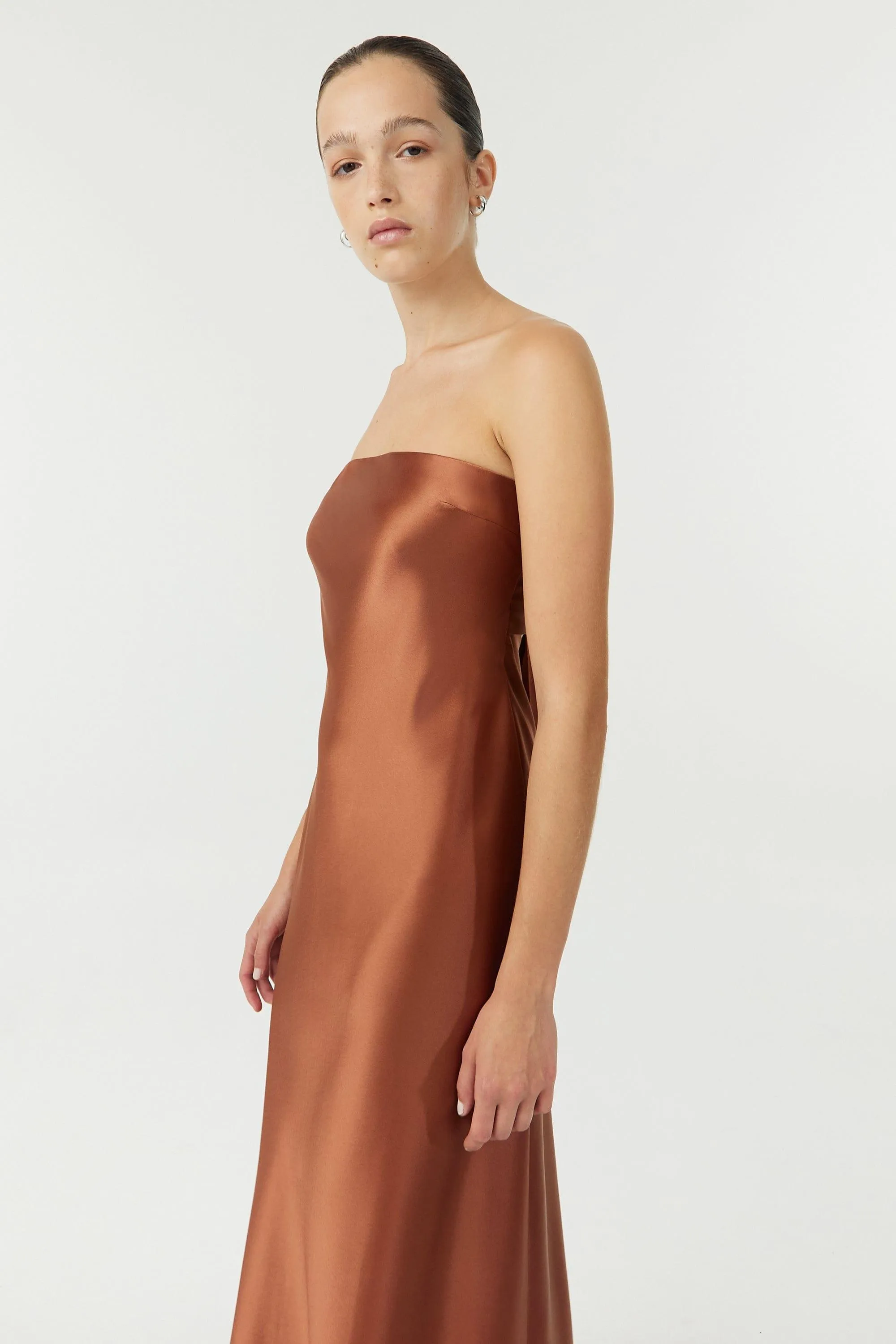 SATIN TIE BACK STRAPLESS MIDI | SPICE