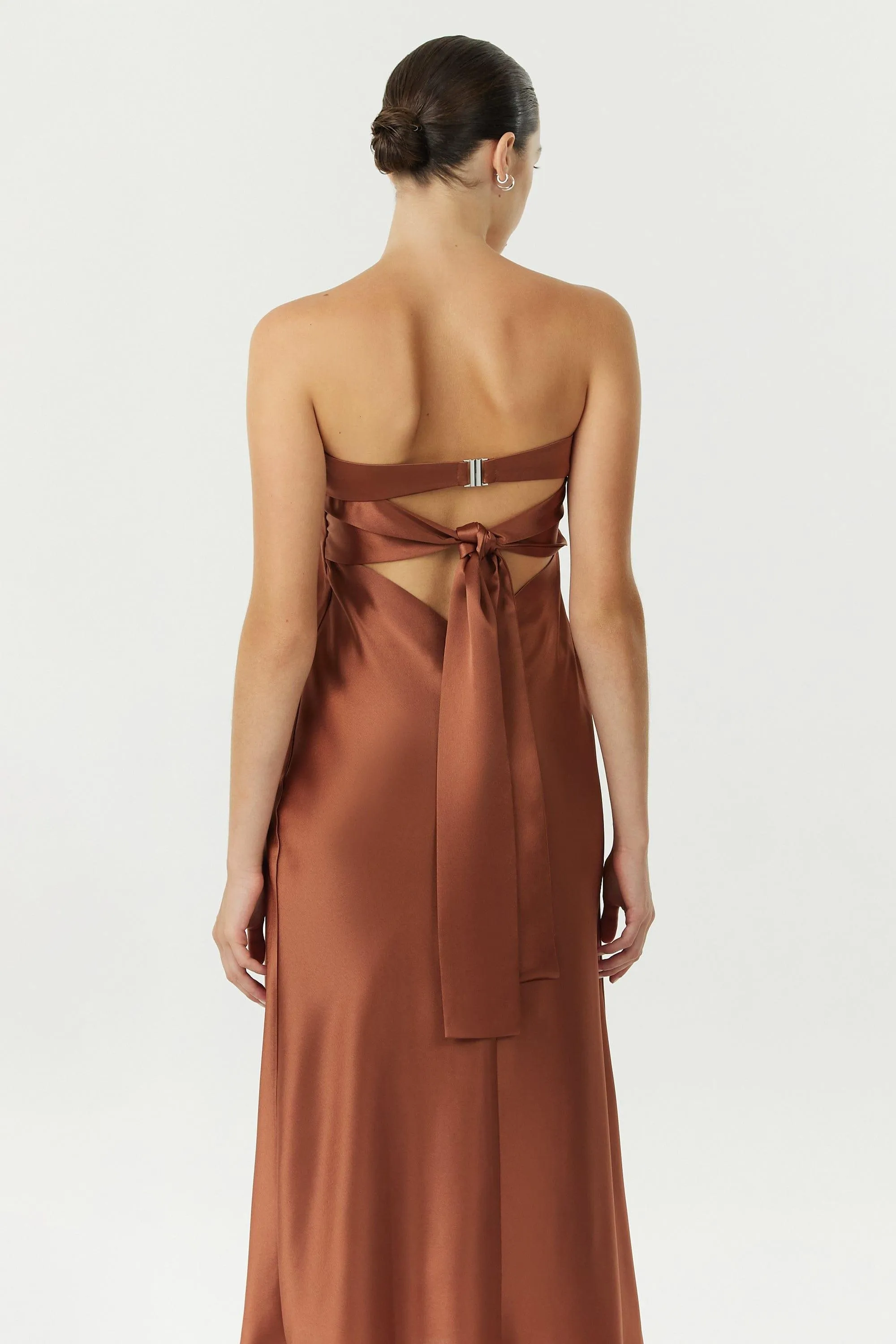 SATIN TIE BACK STRAPLESS MIDI | SPICE
