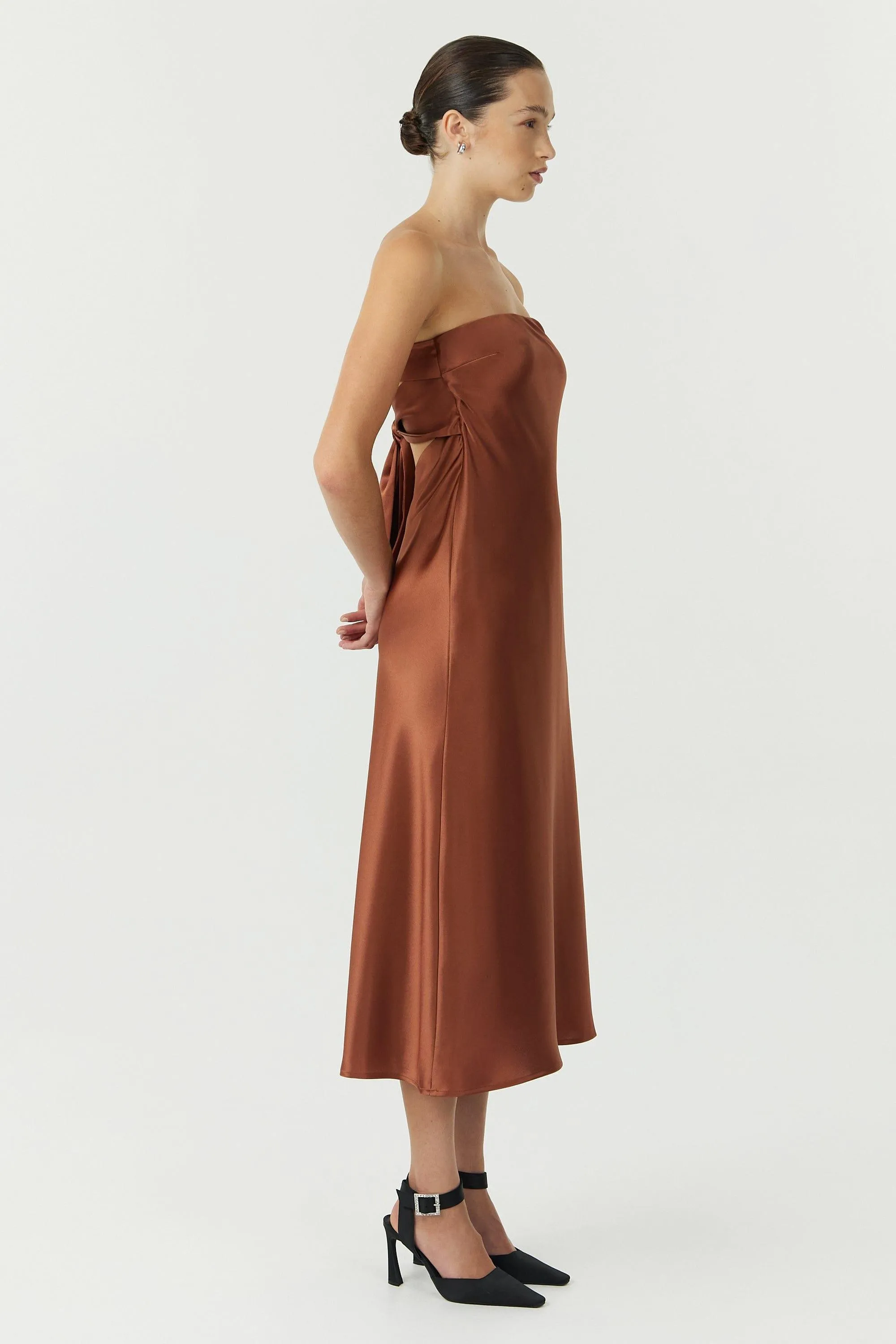 SATIN TIE BACK STRAPLESS MIDI | SPICE