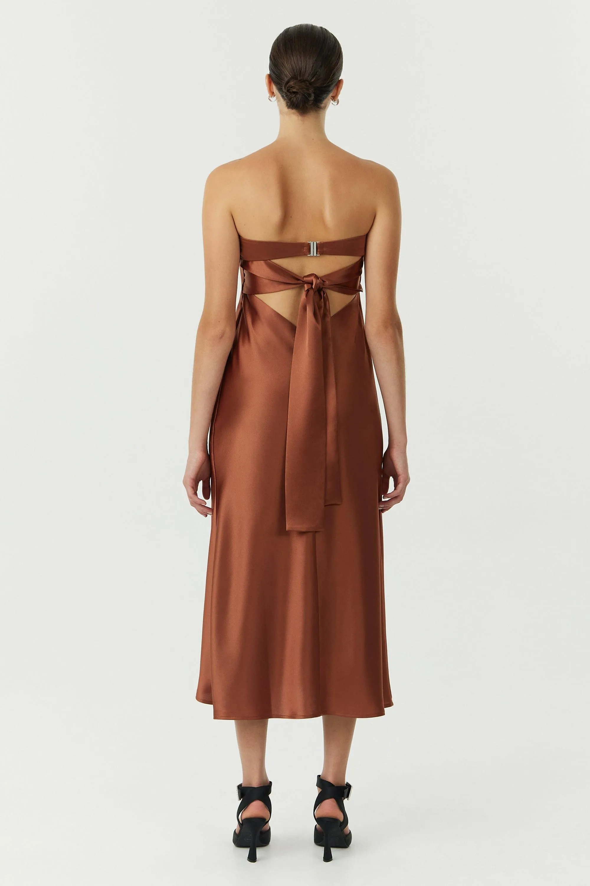 SATIN TIE BACK STRAPLESS MIDI | SPICE