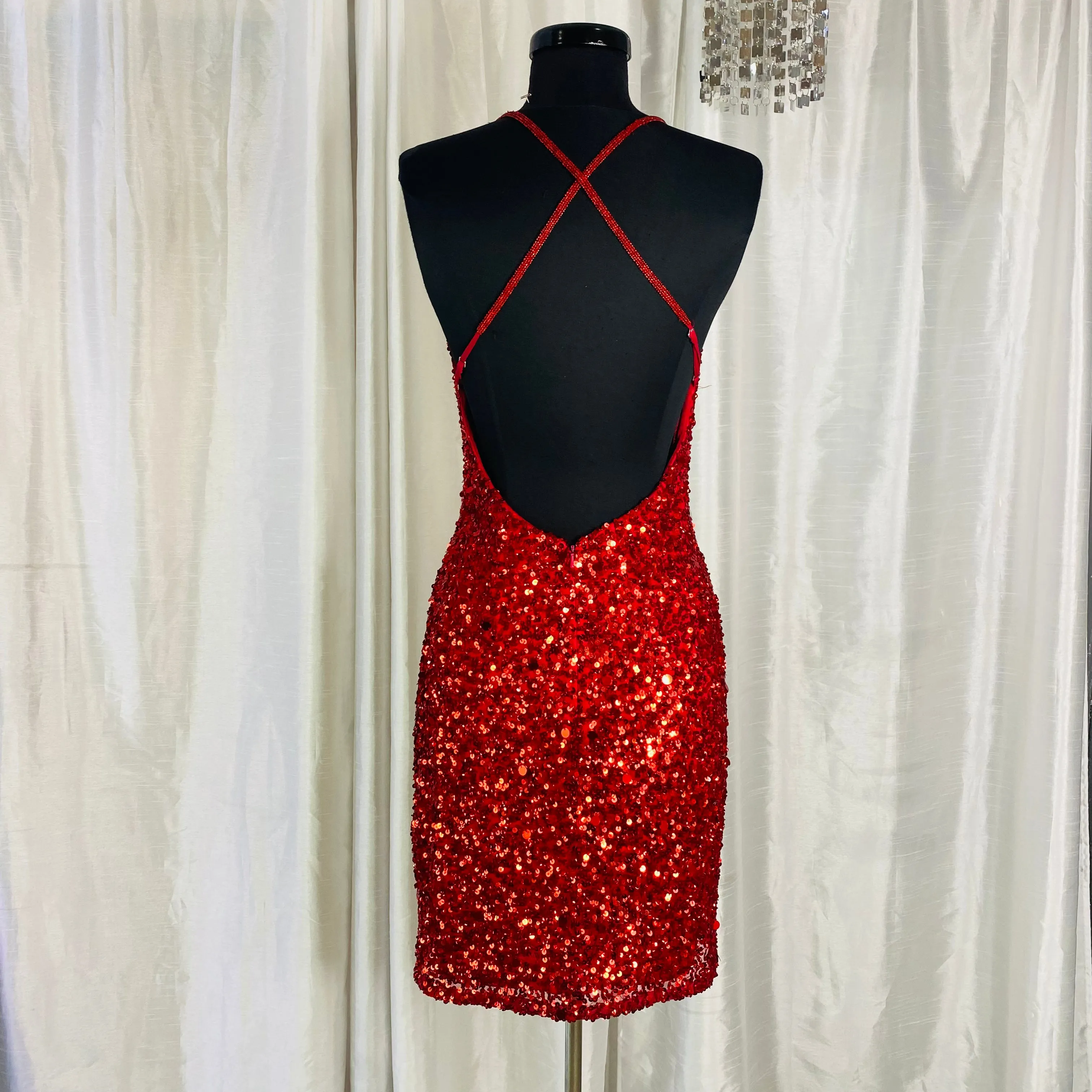 SCALA Short Beaded Sequin V-Neckline Lowback Cocktail Dress Red Size 2