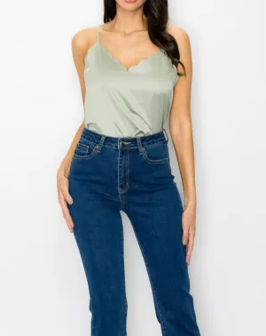 Scallop V neck Satin Top
