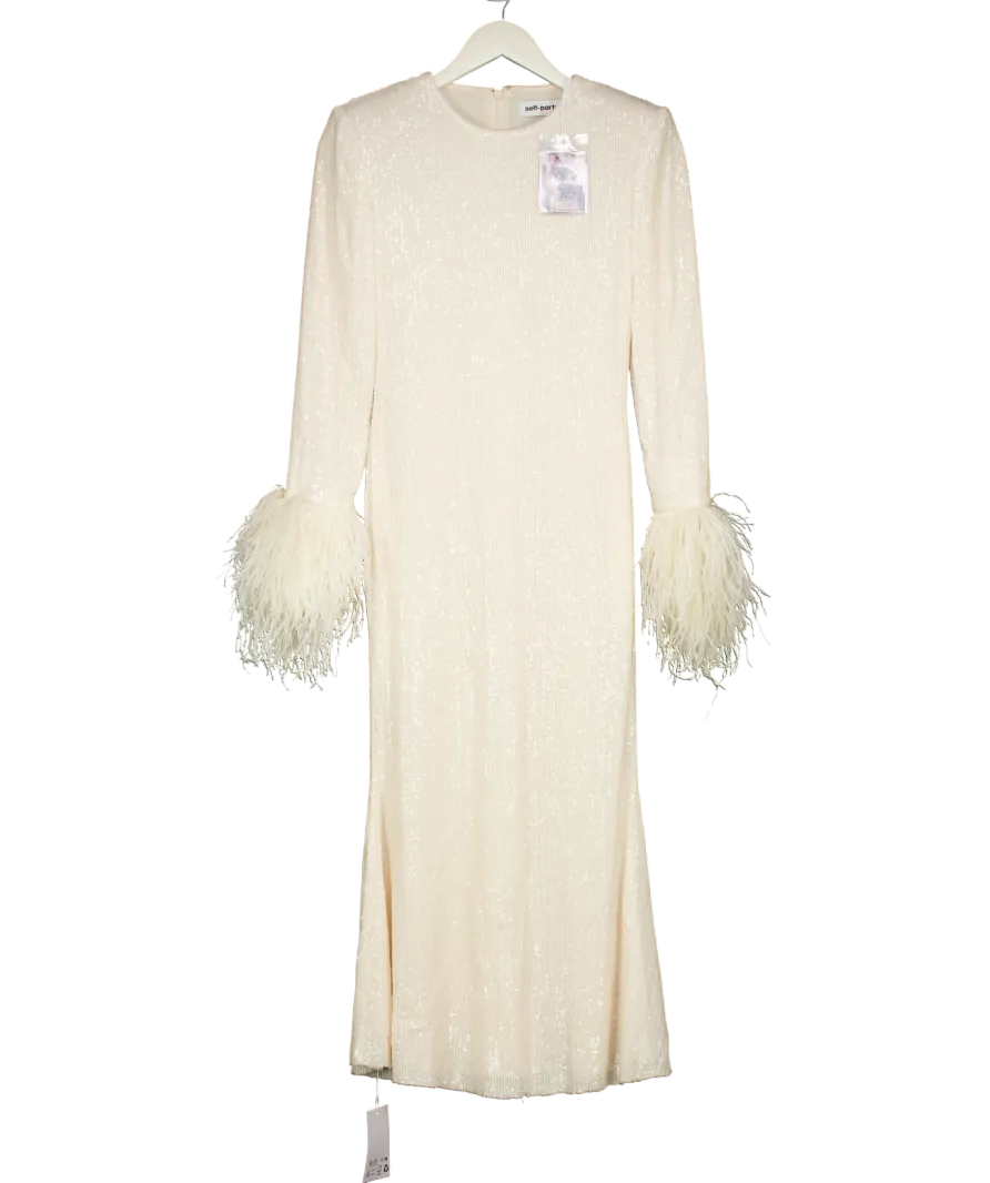 Self-Portrait Cream Sequin Feather Midi Dress UK 6