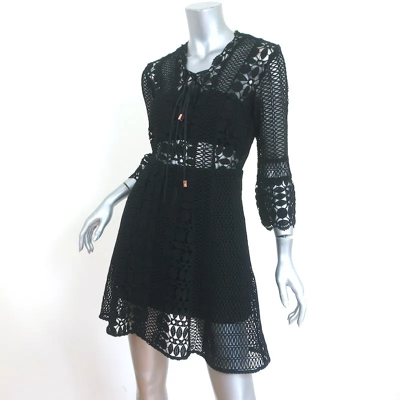 Self-Portrait Lace-Up Mini Dress Black Guipure Lace Size US 6 Bell Sleeve