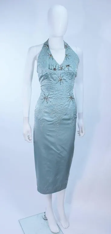 SE'MONT 1960s Silk Aqua Halter w/ Embellishments Size 2-4