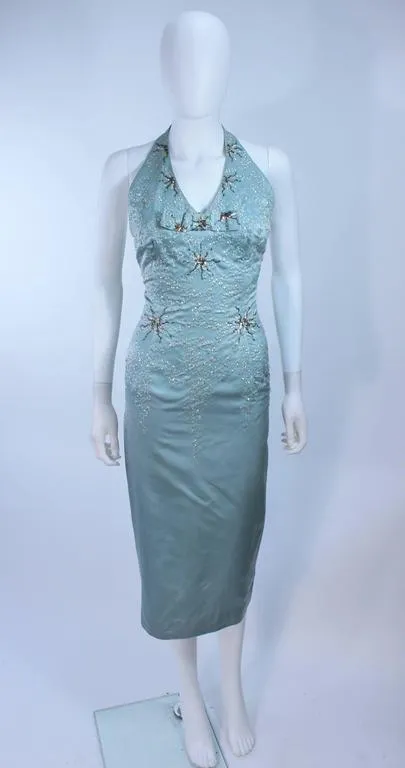 SE'MONT 1960s Silk Aqua Halter w/ Embellishments Size 2-4