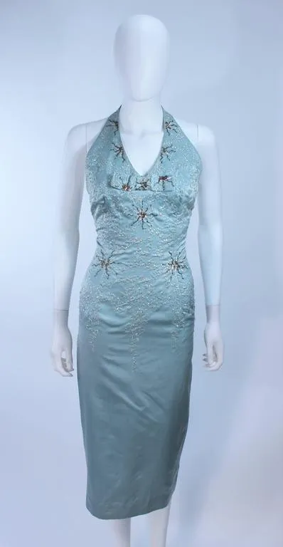 SE'MONT 1960s Silk Aqua Halter w/ Embellishments Size 2-4