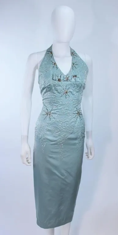 SE'MONT 1960s Silk Aqua Halter w/ Embellishments Size 2-4