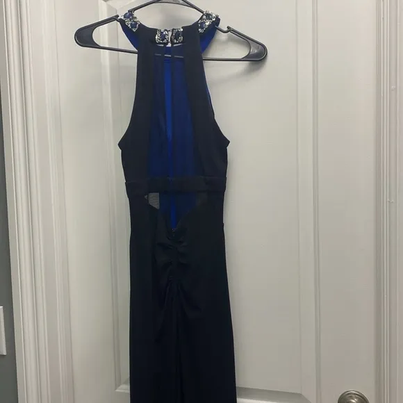 Sequin Hearts Black Jewel Neck Cutout Mesh Inset Halter Maxi Prom Dress size 7