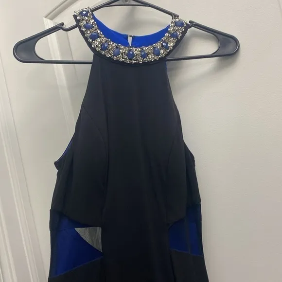 Sequin Hearts Black Jewel Neck Cutout Mesh Inset Halter Maxi Prom Dress size 7