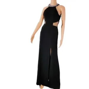 Sequin Hearts Black Jewel Neck Cutout Mesh Inset Halter Maxi Prom Dress size 7