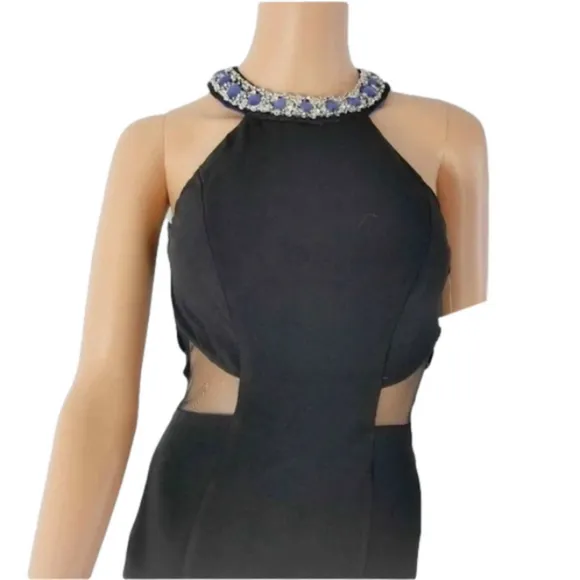 Sequin Hearts Black Jewel Neck Cutout Mesh Inset Halter Maxi Prom Dress size 7