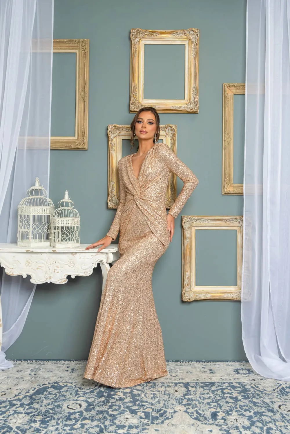 SEQUIN LONG SLEEVE  MAXI DRESS