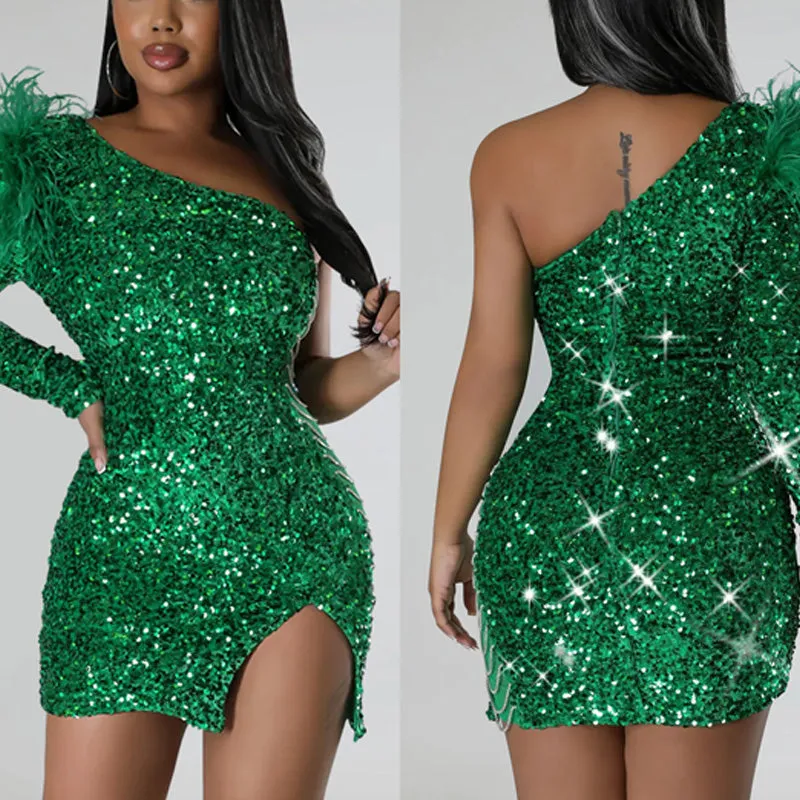 Sequin Oblique Shoulder Feather Design Bodycon Dress