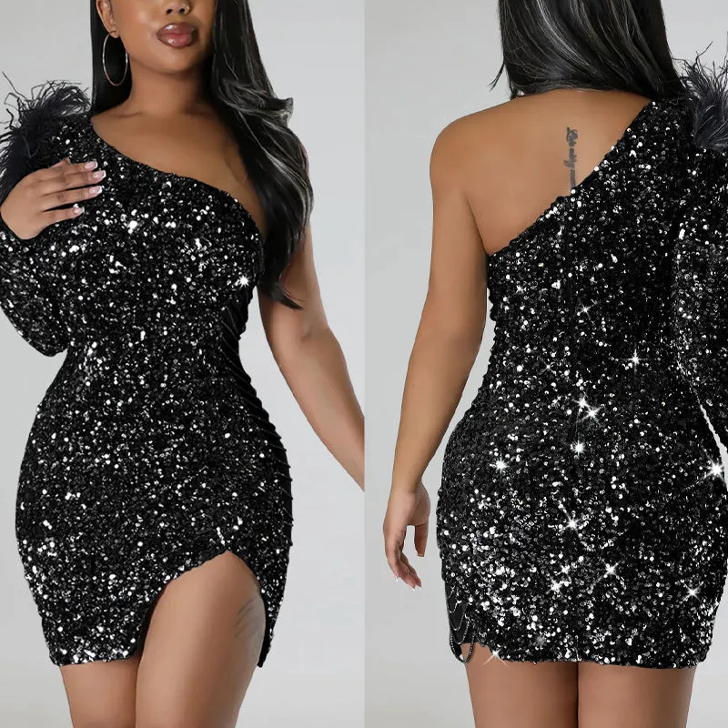 Sequin Oblique Shoulder Feather Design Bodycon Dress