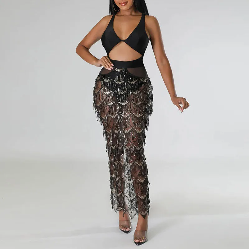 Sequins Deep V-Neck Backless Tassel Design Party Dress