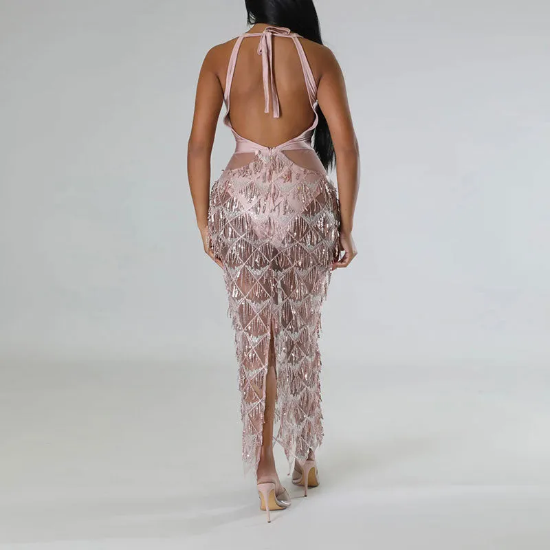 Sequins Deep V-Neck Backless Tassel Design Party Dress