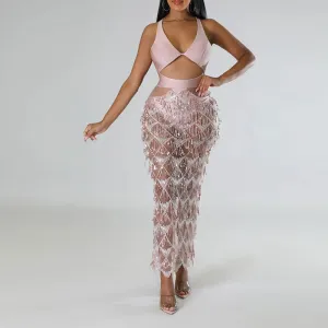 Sequins Deep V-Neck Backless Tassel Design Party Dress