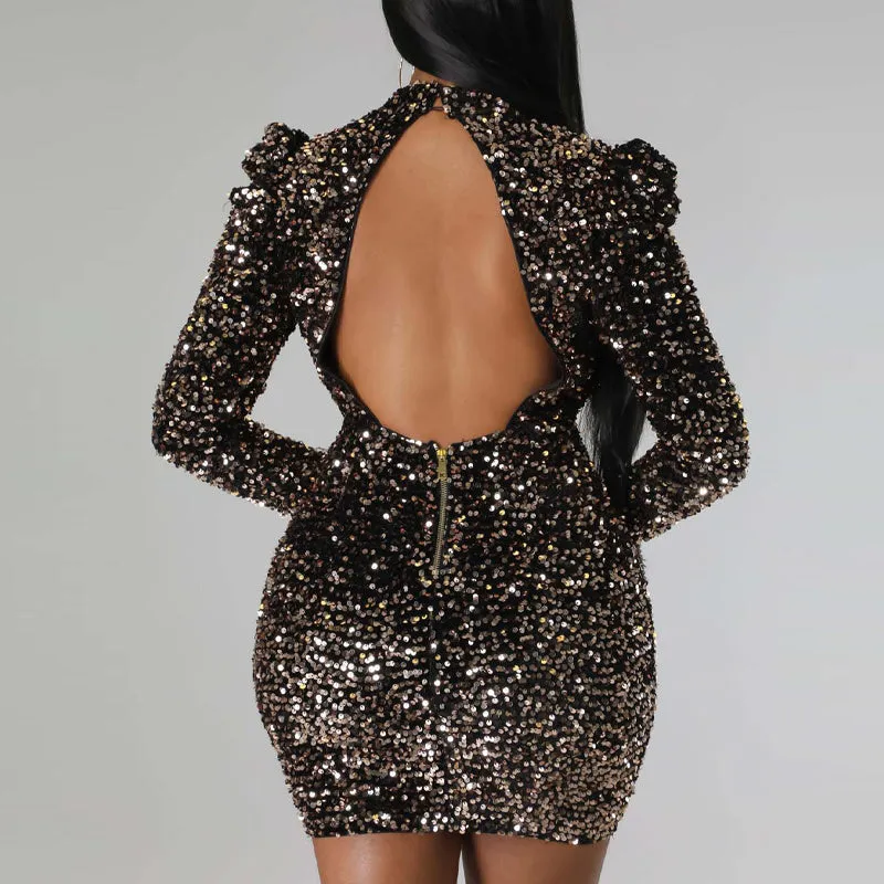 Sequins Feather Design Long Sleeve Backless Bodycon Dress