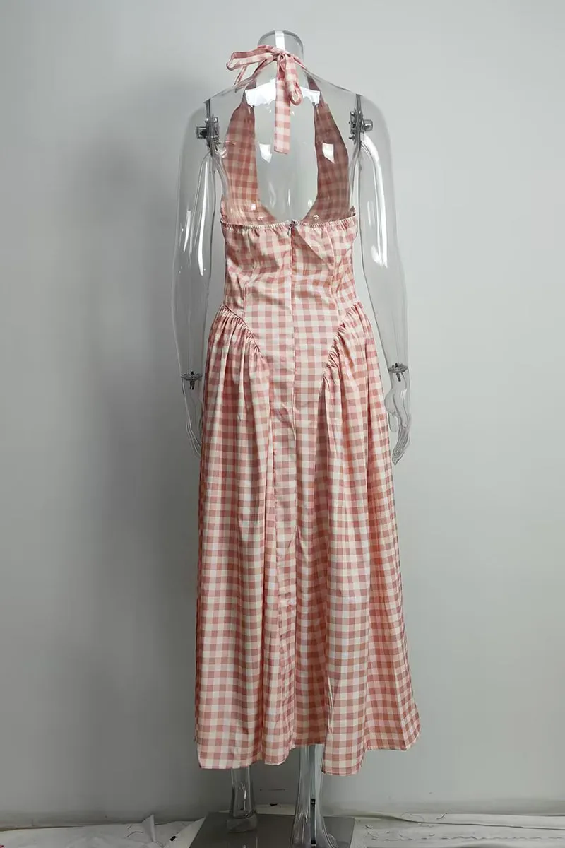 Sexy Plaid Lace Up Backless Contrast Halter Sleeveless Dresses