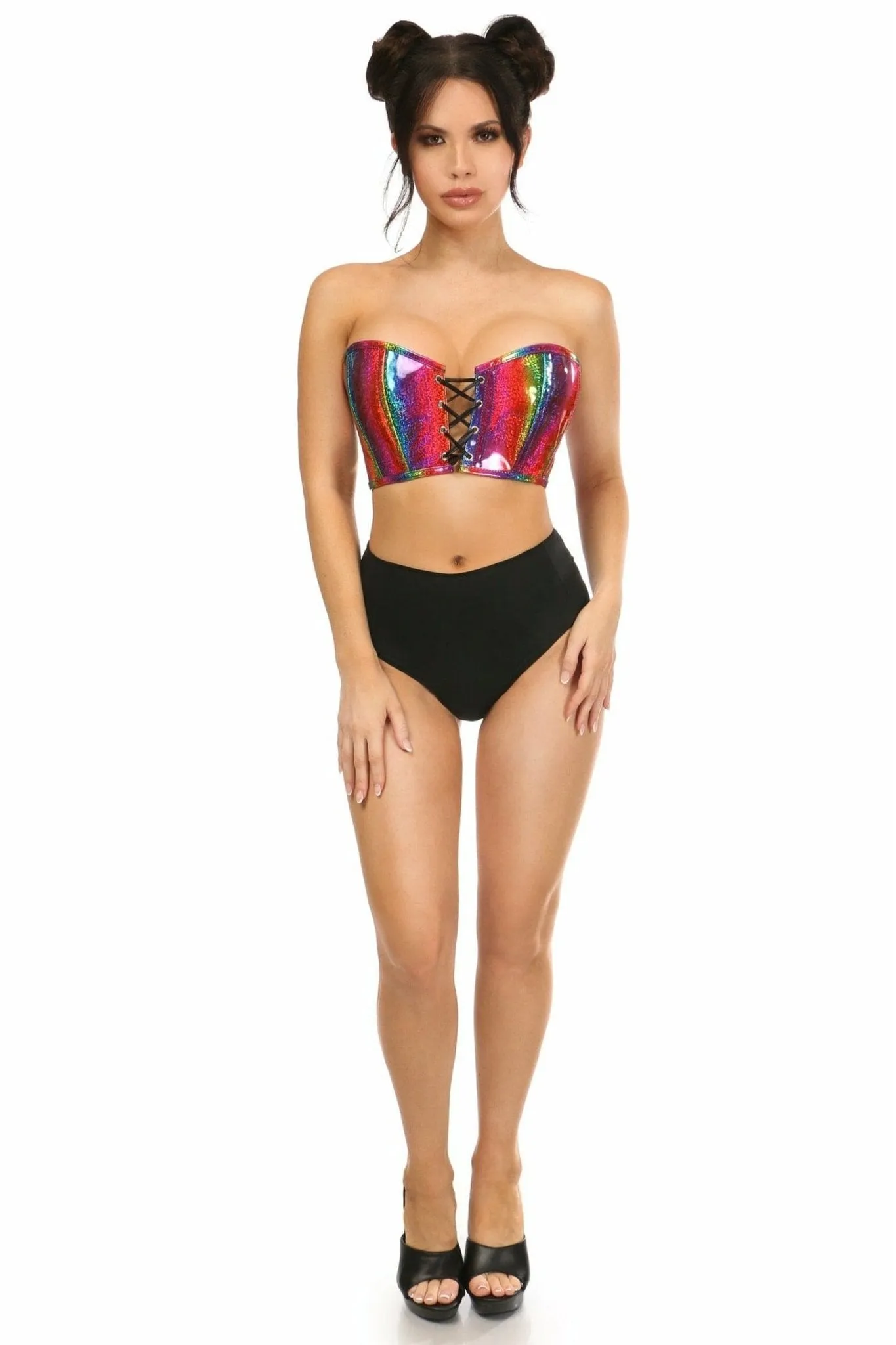 Sexy Rainbow Glitter PVC Lace-Up Bustier Top