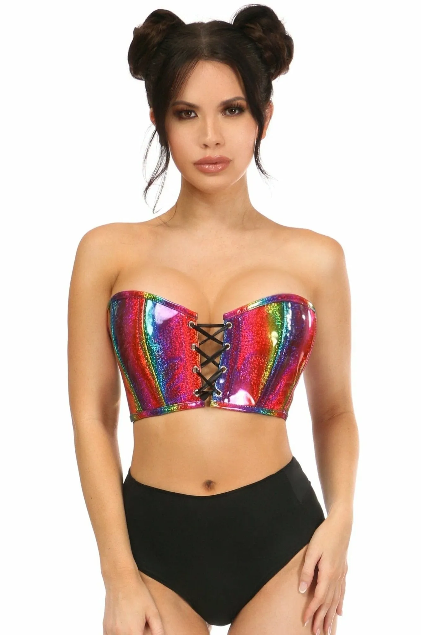 Sexy Rainbow Glitter PVC Lace-Up Bustier Top