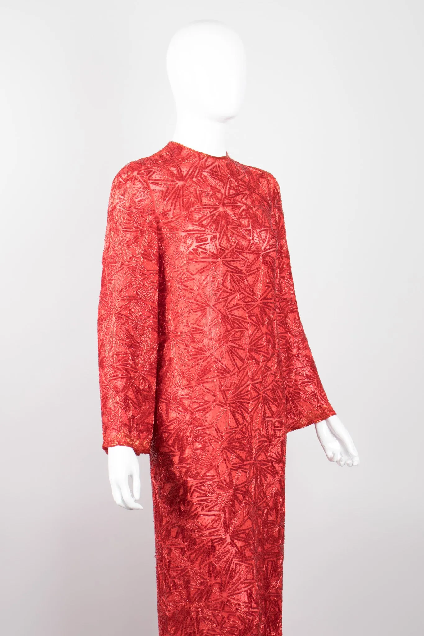 Sheer Red Beaded Shift Gown