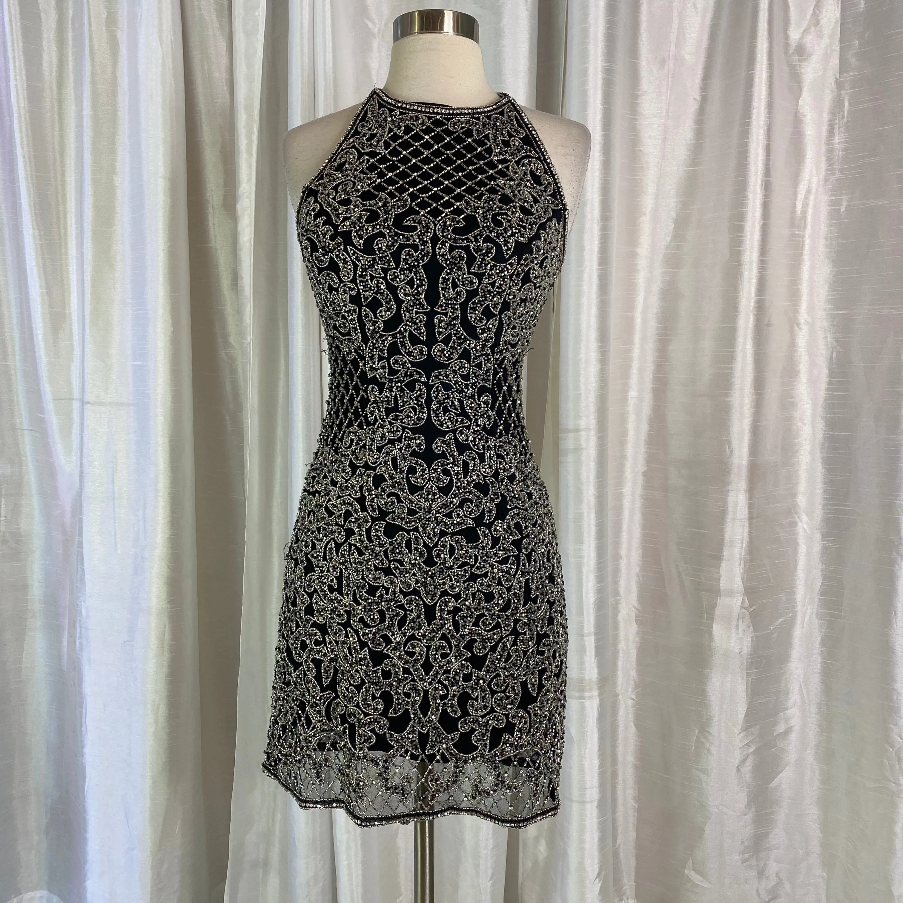SHERRI HILL Black and Silver Fully Beaded Cocktail Gown Style #51207 Size 2