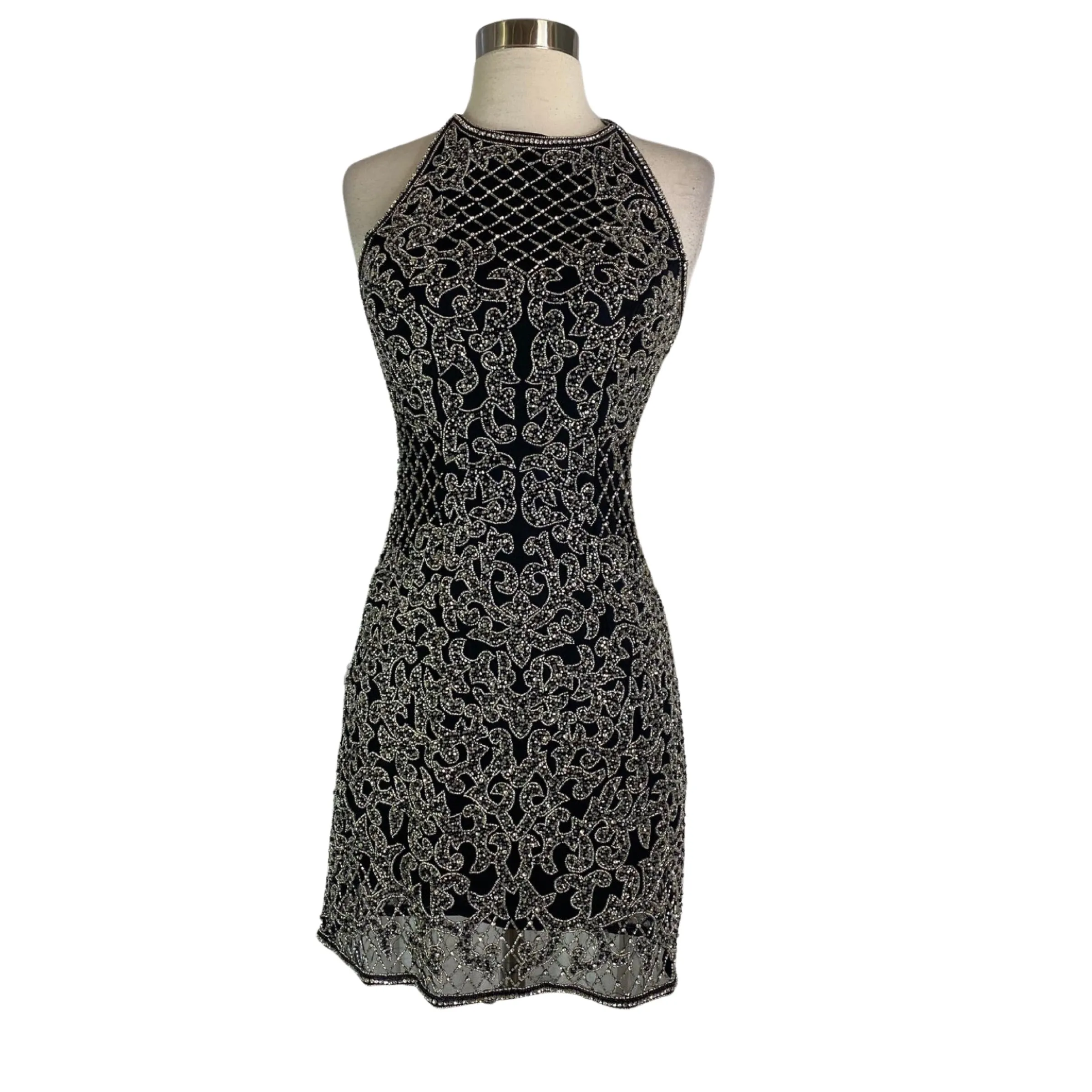 SHERRI HILL Black and Silver Fully Beaded Cocktail Gown Style #51207 Size 2