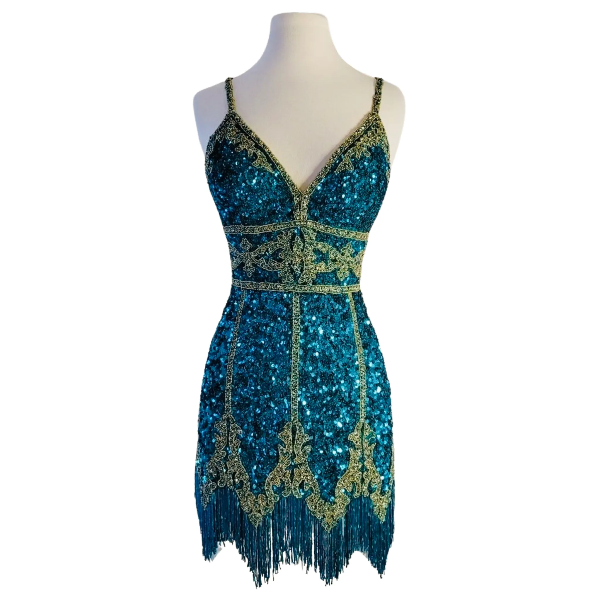 SHERRI HILL Short Embellished Gown Emerald/ Gold Size 6