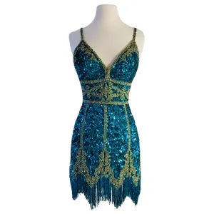 SHERRI HILL Short Embellished Gown Emerald/ Gold Size 6
