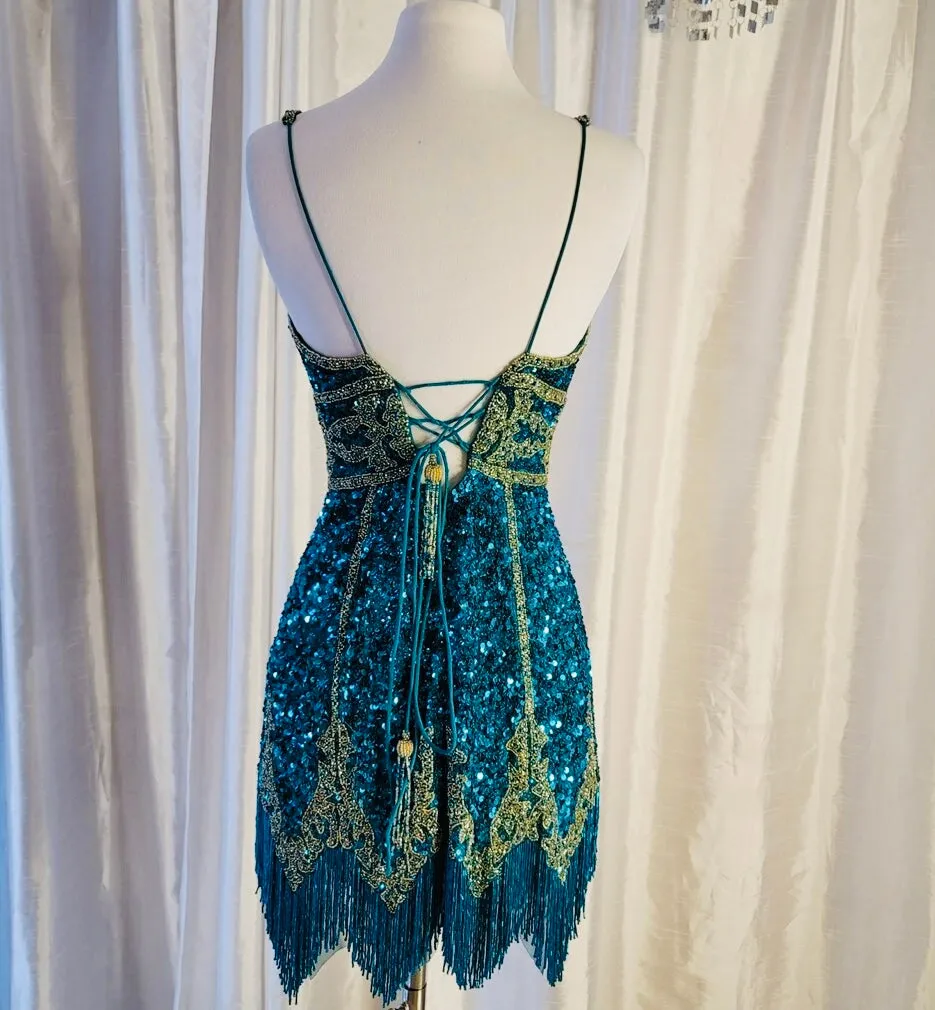 SHERRI HILL Short Embellished Gown Emerald/ Gold Size 6