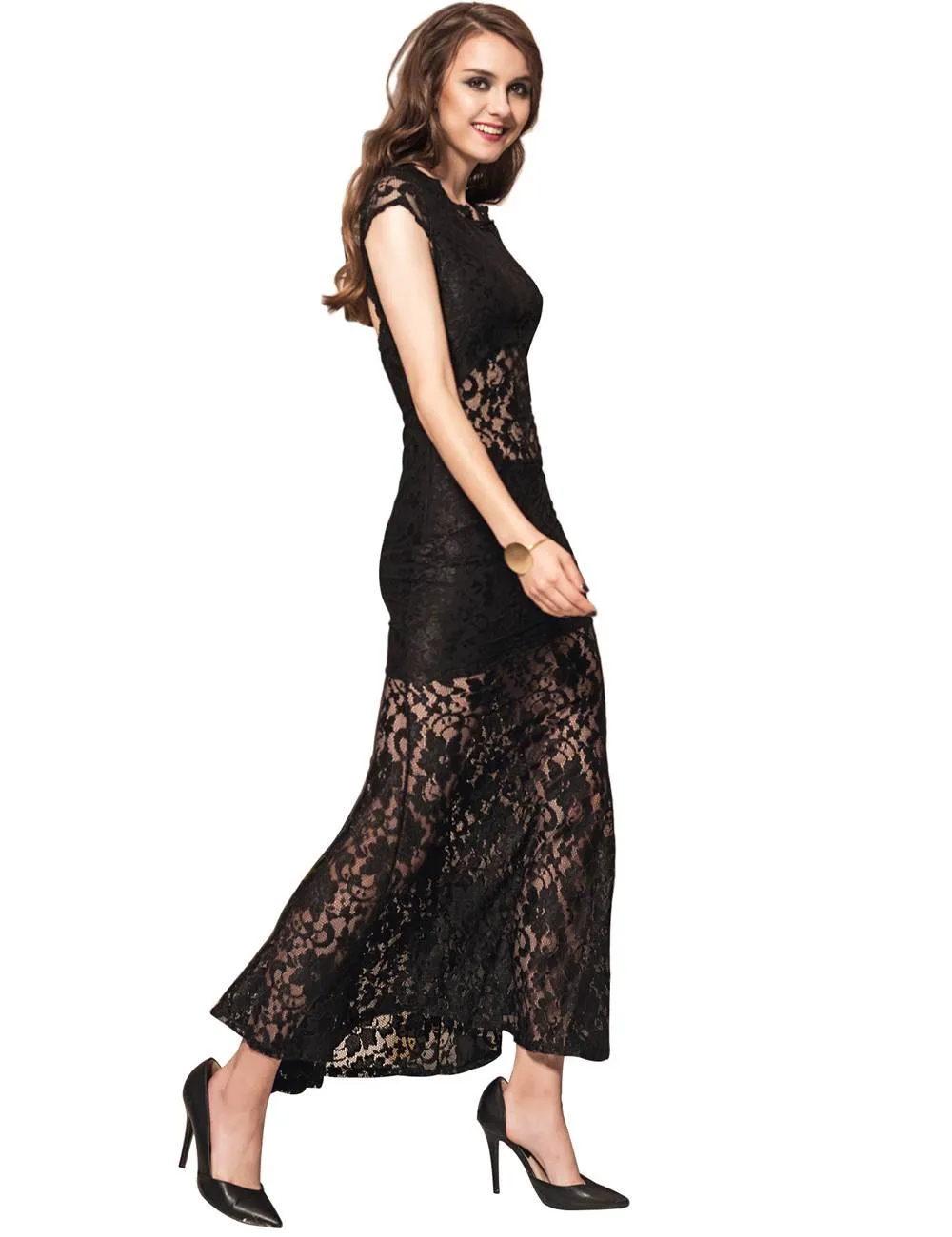 Short Sleeve Black  and Blue Lace Backless Party Gown