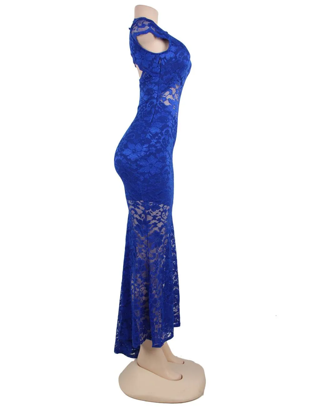 Short Sleeve Black  and Blue Lace Backless Party Gown