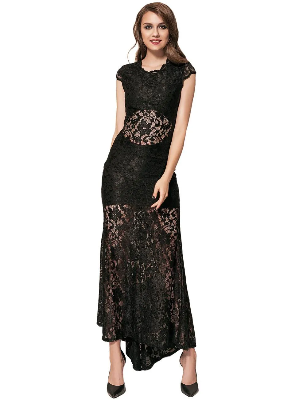 Short Sleeve Black  and Blue Lace Backless Party Gown