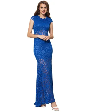 Short Sleeve Black  and Blue Lace Backless Party Gown