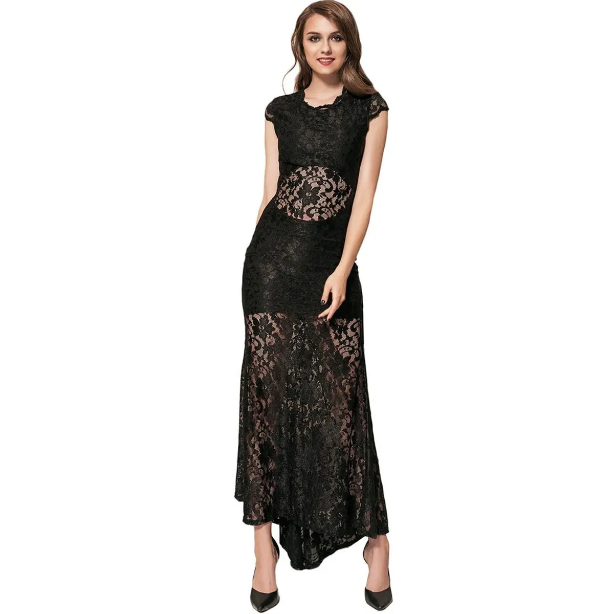 Short Sleeve Black  and Blue Lace Backless Party Gown