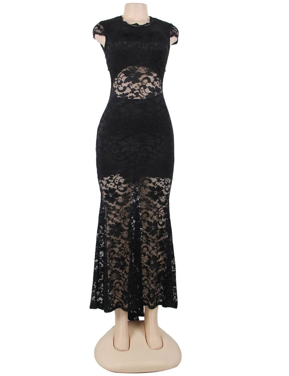 Short Sleeve Black  and Blue Lace Backless Party Gown