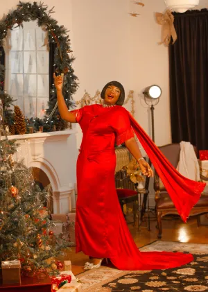 Silk Red Crepe Back Satin Ballgown with Hand Beaded Fringe Scarf Accent